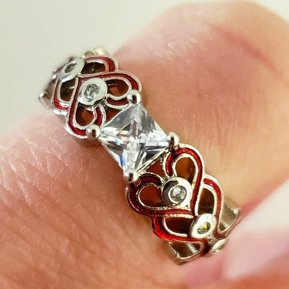 Princess Cut Solitaire Red Enamel Love Hearts Ring in Sterling Silver Sz 5.5
